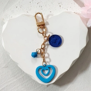 Pink heart keychain with blue heart pendant bell and vintage portrait coin charm for bags