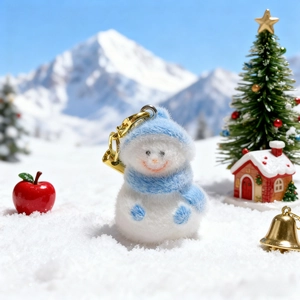 Detailed view of snowman phone charm with blue plush hat and golden metal keychain clip