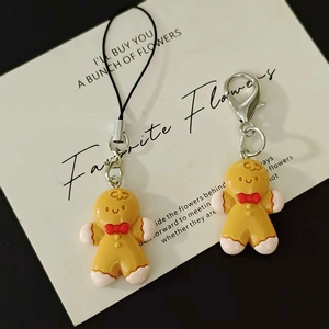 Christmas Gingerbread Man Resin Phone Strap Keychain Charm With Red Bow For Bag Phone Case Decoration Festive Gift