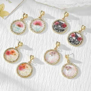 French Elegant Handmade Resin Real Dried Flower Earrings Gold Alloy Heart Stud Botanical Floral Stone Drop Earrings Women Jewelry