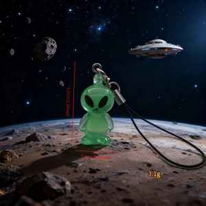 Macro shot of 3.2cm green translucent resin alien charm on moon surface background