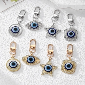 Turkish Evil Eye Keychain Star Round Square Geometric Pendant Alloy Rhinestone Inlaid Key Ring Bag Charm For Friends Gift