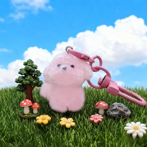 Pink plush puppy keychain with pink metal clasp on green grass under bright blue sky
