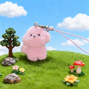 Cute pink plush poodle keychain with silver metal clasp on a green lawn background