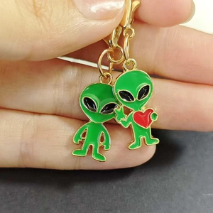 Green alien enamel charms with lobster clasp for keychains and bag accessories