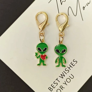 Mini alloy alien charms with lobster clasp and red heart detail on gift card