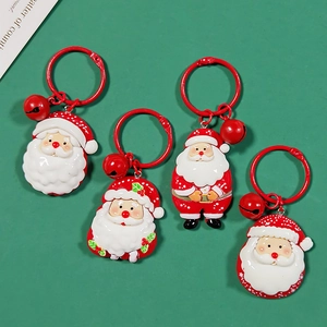 Large Santa Claus red keychain set with bells and holly leaf for festive bag charms
