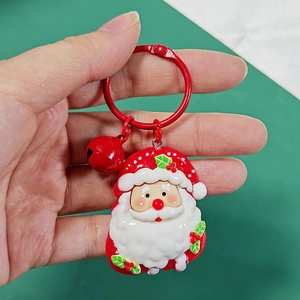 Large Santa Claus keychain with red bell and ring, festive bag charm gift for Christmas