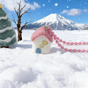 Cute pink snow house wool felt phone charm with bead chain for Christmas gift