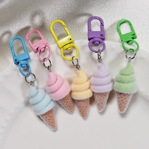 Set of five colorful flocked ice cream cone keychains with matching metal lobster clasps