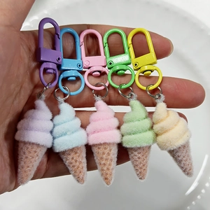 Set of five colorful flocked ice cream cone keychains with matching metal D-rings
