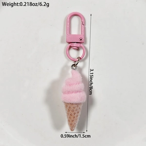 Pink flocked ice cream keychain dimension view showing 3.15 inch height and 6.2g weight