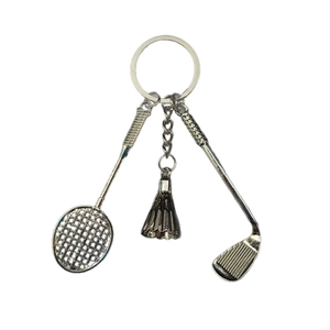 Porte-clés poli en alliage d'argent avec raquette de badminton et club de golf charms