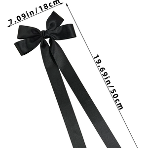 Detail showing dimensions 18cm width and 50cm length for black satin ribbon hair clip