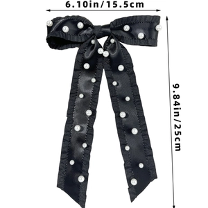 Detailed size specifications of the French pearl bow hair clip in black satin finish