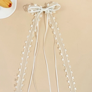 Elegant white balletcore bow hair clip with heart lace ribbons and soft mesh fabric