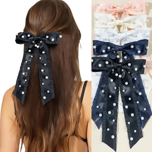 French Vintage Satin Bowknot Hair Clip With Faux Artificial Pearl Long Ribbon Ruffled Edge Elegant Spring Clip Hair Accessory For Women
