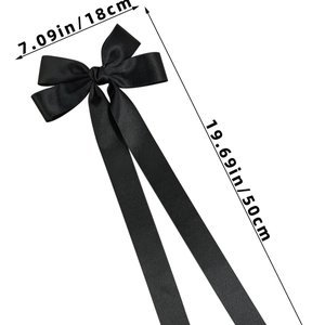 Long black satin bow hair clip with streamers, size 18x50cm for elegant hairstyling