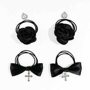 Chouchous noirs en satin avec pendentifs rose et nœud argentés, ensemble de 4