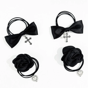 Élastiques à Cheveux Gothiques en Satin Noir avec Nœud Papillon Pendentif Croix Cœur Rose Style Douce-Cool Bandeaux Élastiques Femme
