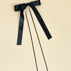 Elegant black satin bow hair clip with long ribbons for balletcore style hair decoration