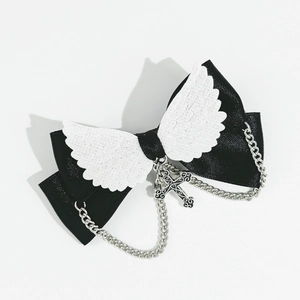 Pince à cheveux nœud noir style gothique avec ailes d'ange, chaînes et croix argentée
