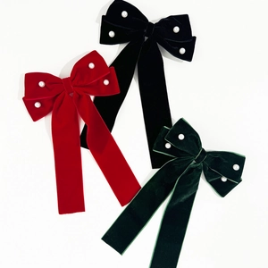 French Elegant Velvet Bow Hair Clip With Faux Artificial Pearl Long Ribbon Handmade Vintage Back Head Hair Accessory For Women