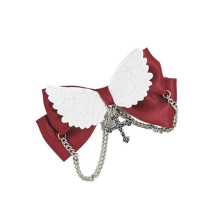 Barrette à cheveux nœud rouge vin gothique avec ailes d'ange blanches et chaîne croix