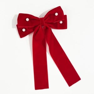 Elegant red velvet bow hair clip with handmade pearl beads and long flowy ribbons