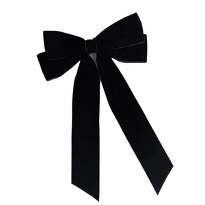 Elegant French vintage black velvet bow hair clip with long ribbons and a silk finish