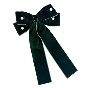 Elegant emerald green velvet bow hair clip with pearls and long flowing ribbons