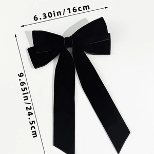 Elegant black velvet bow hair clip with long ribbons, size 16cm wide and 24.5cm long