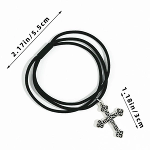 Gothic black multi-layer elastic hair tie with silver heart and cross charms