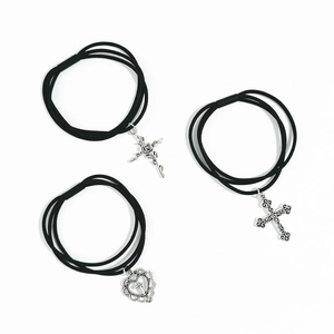 Vintage Gothic Black Multi Layer Elastic Hair Ties With Alloy Silver Cross Heart Rose Pendant For Women Hair Accessories