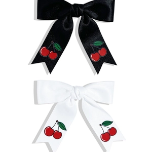 Détails de barrettes à cheveux nœud en satin avec imprimés cerises noir et blanc