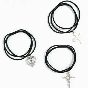 Three-layer black elastic hair ties set with silver heart and gothic cross charms