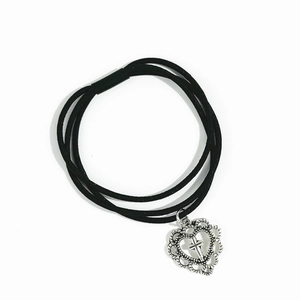 Three-layer black elastic hair tie with silver hollow heart and cross charm