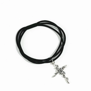 Three-layer black elastic hair tie with vintage silver rose cross pendant goth style