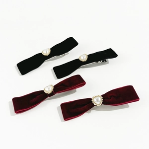 Vintage Velvet Bowknot Hair Clips With Heart Faux Artificial Pearl Rhinestone Elegant Duckbill Side Clips For Women Hair Accessories