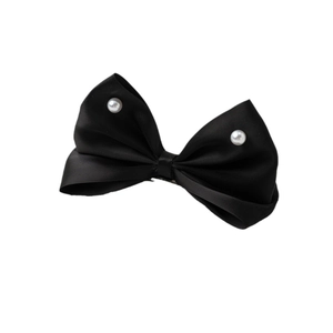 Barrette à cheveux avec nœud en tissu noir et perles blanches pour femmes et filles