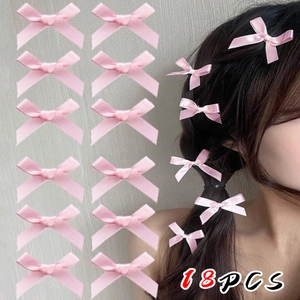 18PCS pink satin bow hair clips for girls, set includes flat lay and model styling views
