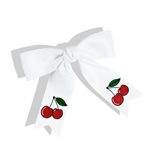 Barrette élégante en satin blanc avec imprimés cerises et un grand nœud délicat