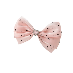Barrette à cheveux nœud en tulle rose à pois avec un cœur brillant en strass