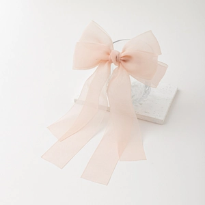 Barrette à cheveux élégante en organza rose pêche avec longs rubans de style coréen