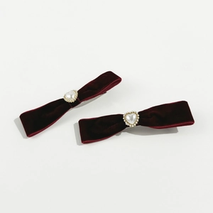 Pair of vintage wine red velvet bow hair clips with heart pearls and rhinestones