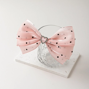 Barrette nœud rose à pois avec cœur en strass scintillant pour un style élégant et chic