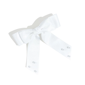 Elegante fermaglio per capelli in raso bianco con fiocco doppio, nastri e perle applicate