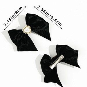 Detail showing dimensions of black bow hair clip with heart pearl and metal duckbill clip