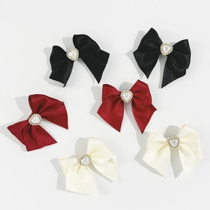 Vintage Satin Bow Hair Clips With Heart Faux Artificial Pearl Sweet Ribbon Duckbill Clips For Women Girls Elegant Hair Accessories