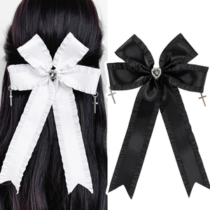 Gothic Satin Ruffle Bow Hair Clip With Heart Rhinestone Silver Cross Pendant Sweet Cool Lolita Hair Accessory For Women